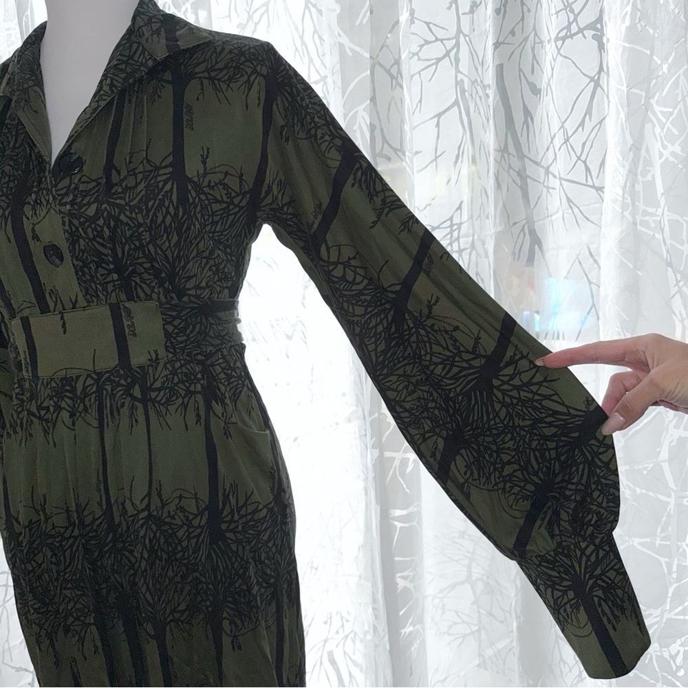 MARA HOFFMAN GREEN BLACK FOREST TREE PRINT SILK LONG SLEEVE WAIST BELT DRESS - Picture 2 of 13